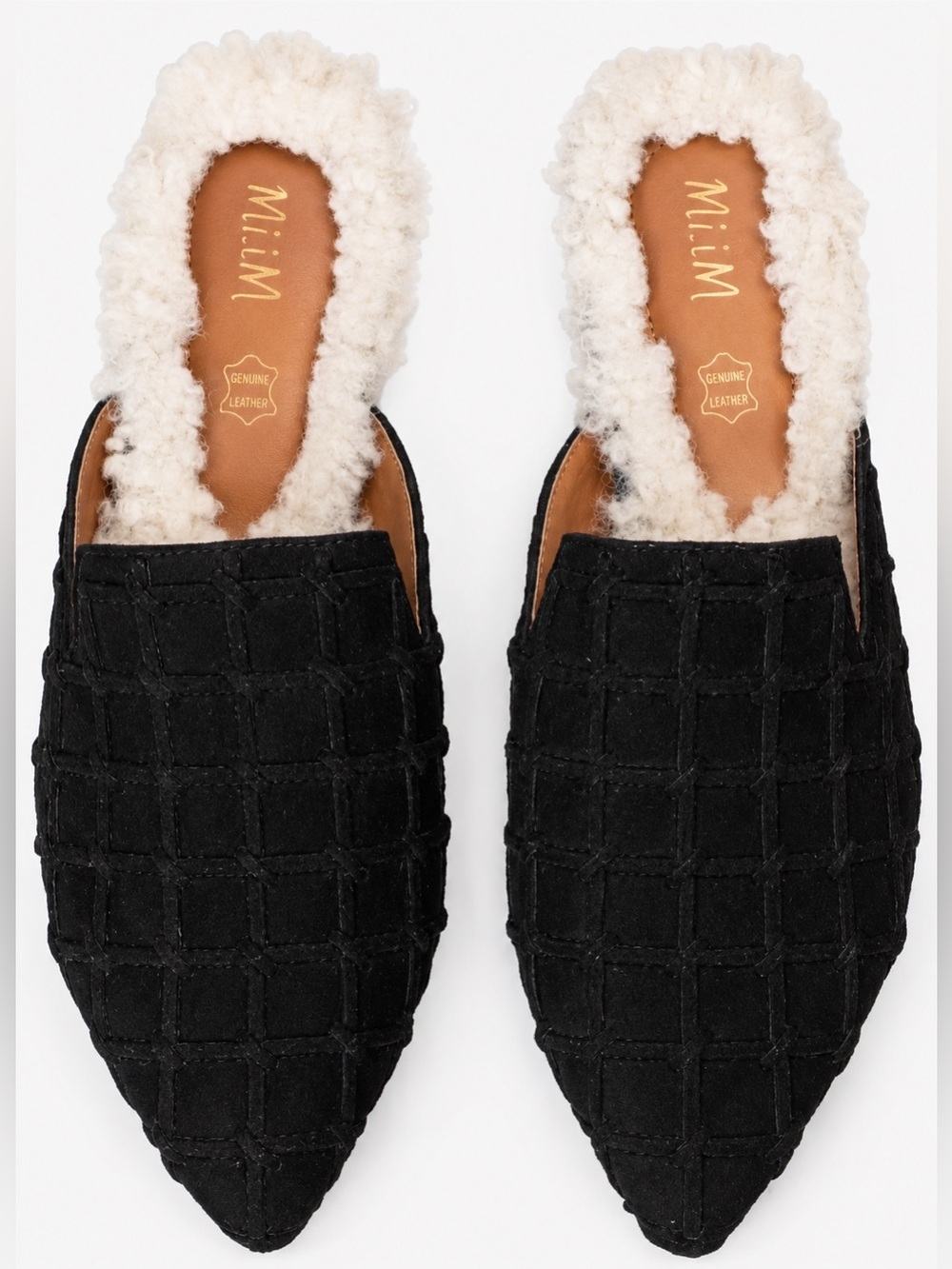 Mi.iM Quilted Black Shearling-Lined Pointed Mule Leather Insole Flats Slides